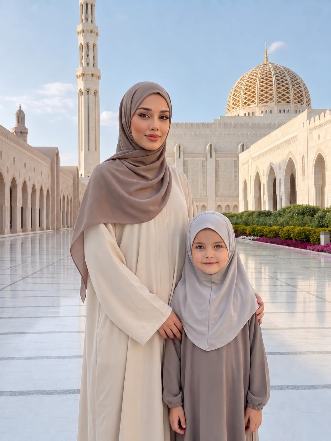 A Portrait Of A Mother And Daughter In Front Of The Sultan Qaboos Grand Mosque
